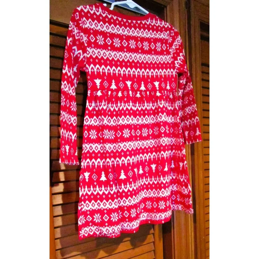Old Navy Girls Winter Knit Dress Red & White Snowflakes Trees Size 4T Nordic